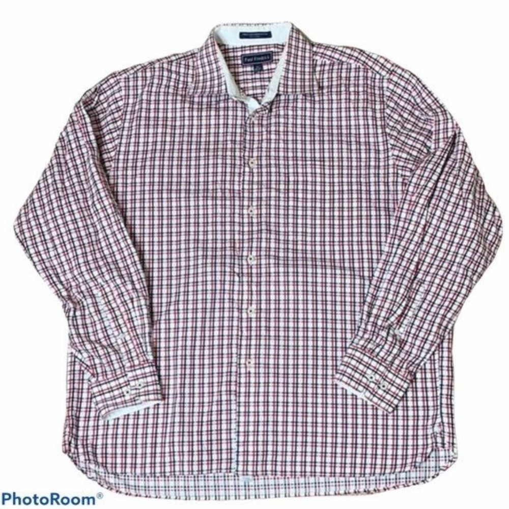 Paul Fredrick Button Down Casual Dress Red Plaid Men's Shirt 16.5 34-35